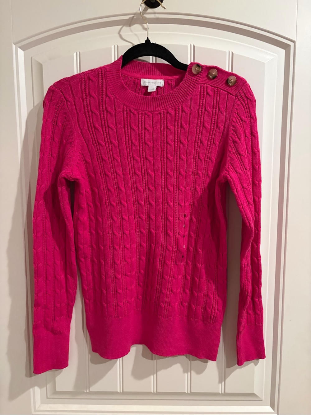 Charter Club Hot Pink Cable Knit Crewneck Sweater with Shoulder Buttons